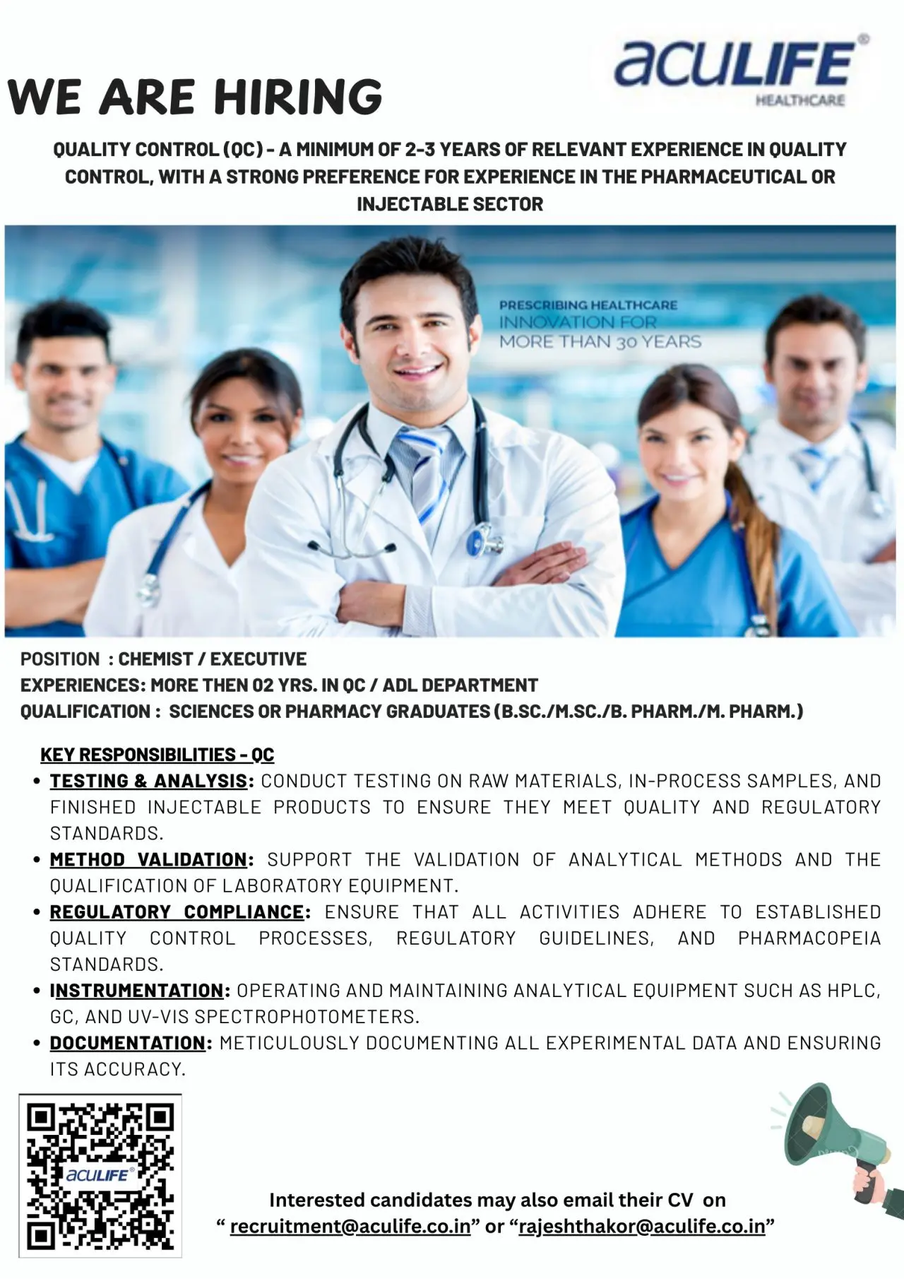 AcuLIFE Hiring Quality Control Chemist/Executive