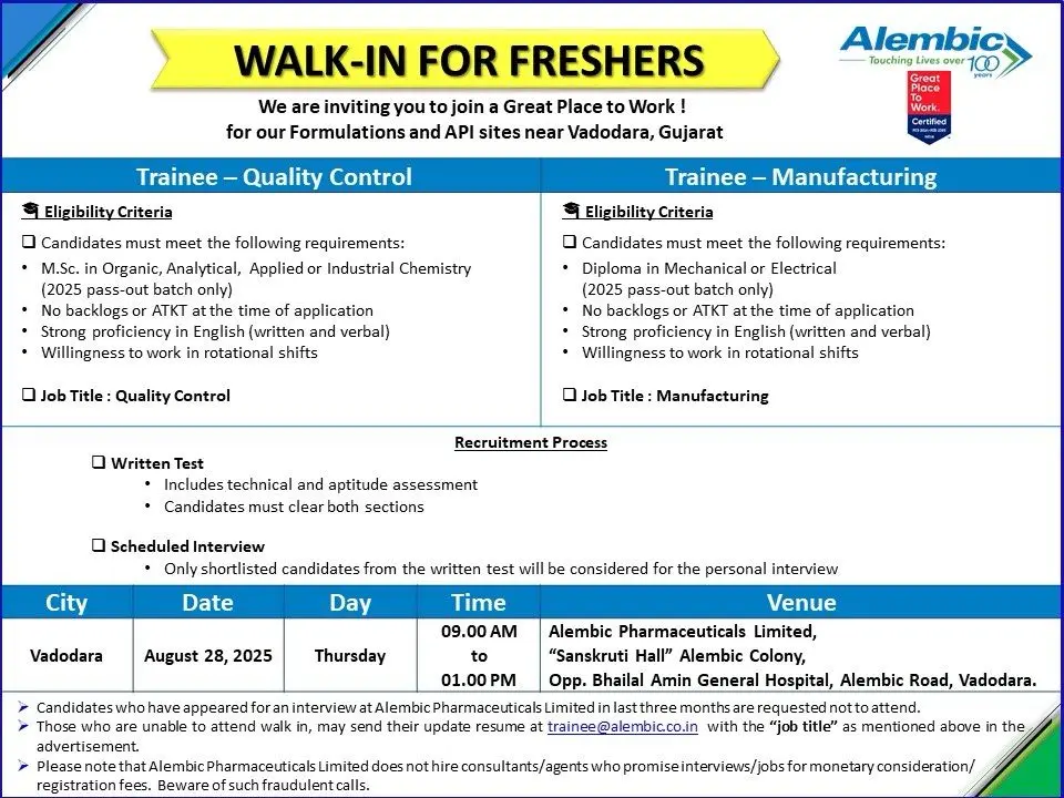 Alembic Pharma Walk-in QC & Manufacturing Trainee roles