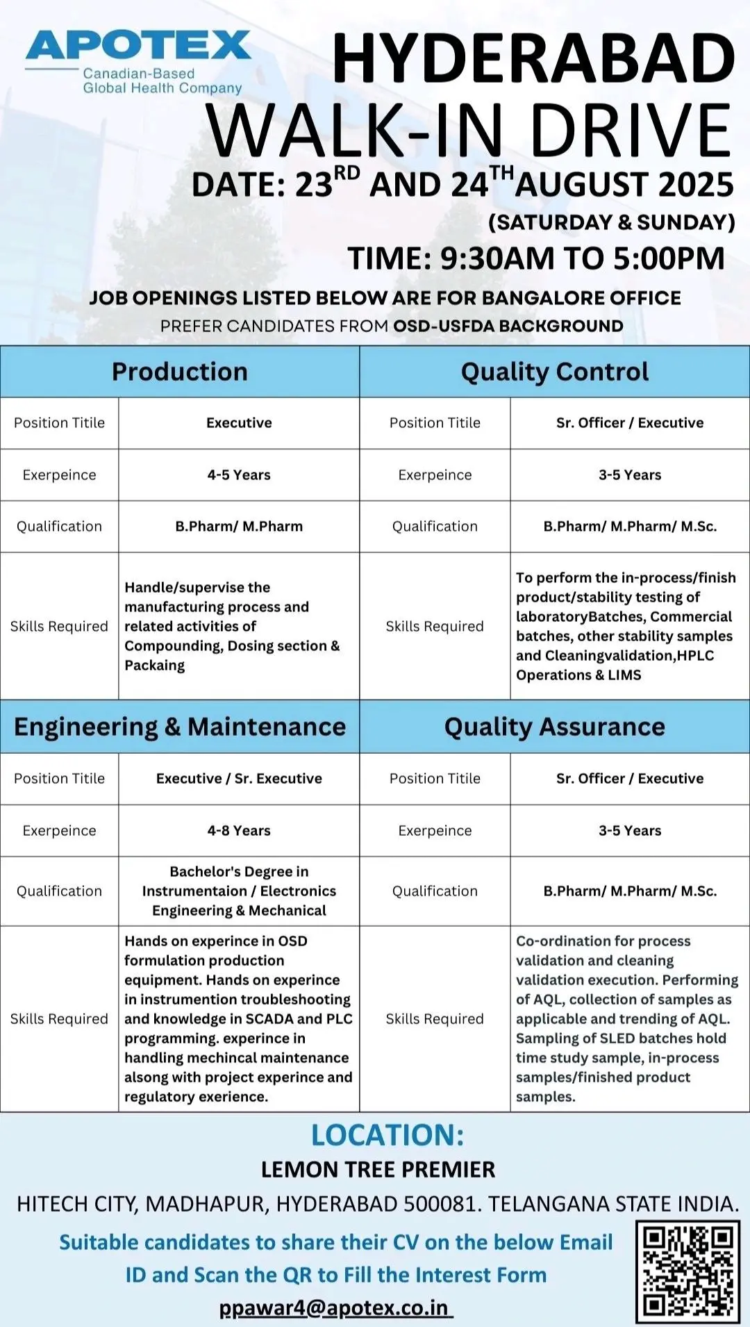 Apotex walk-in Production, QC, QA, Engineering