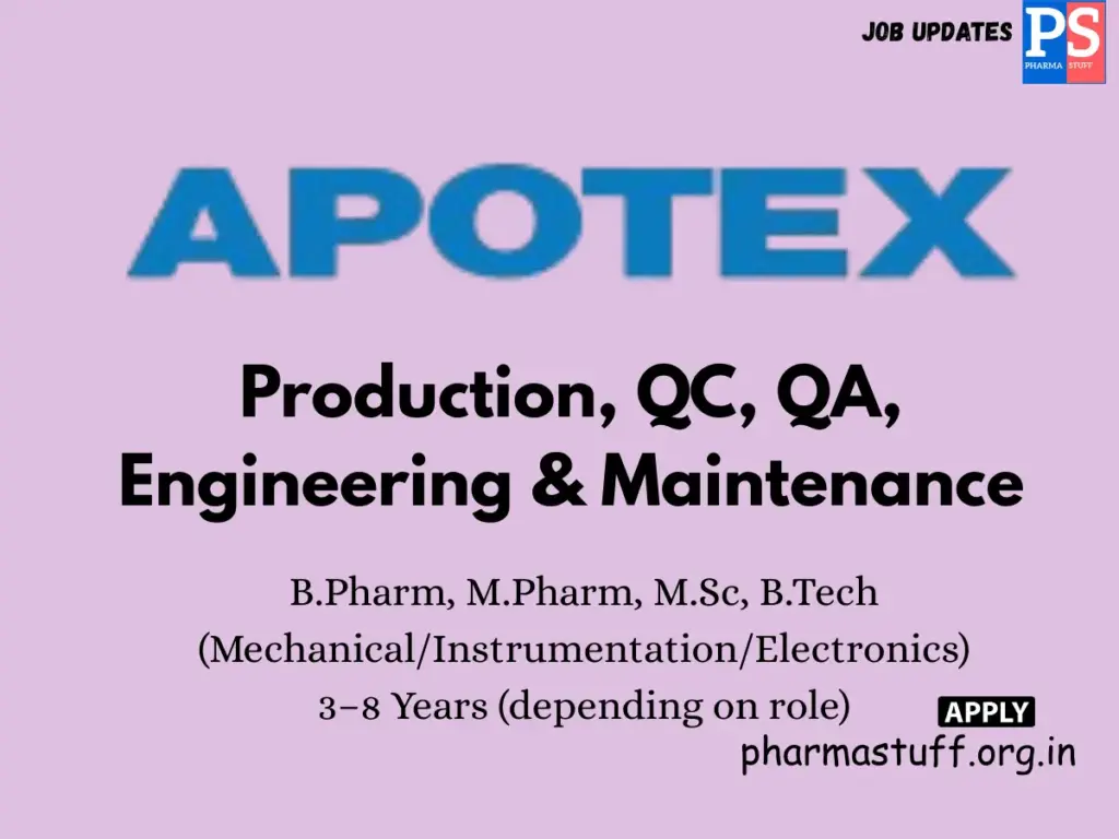 Apotex walk-in Production, QC, QA, Engineering
