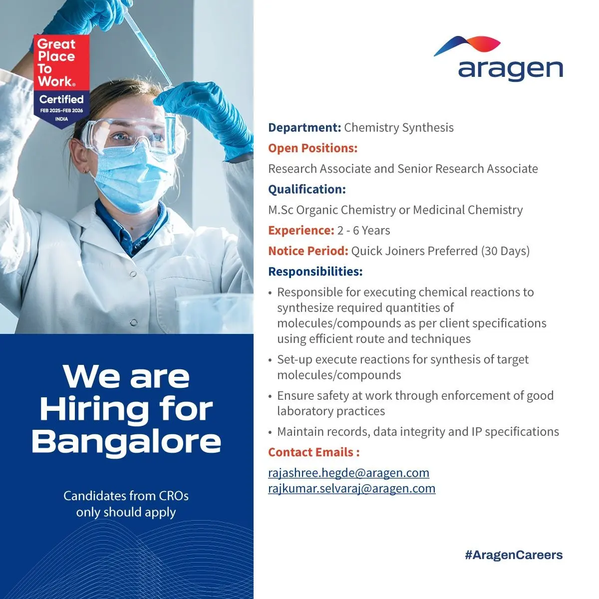 Aragen Hiring Research Associate & Sr. Research Associate