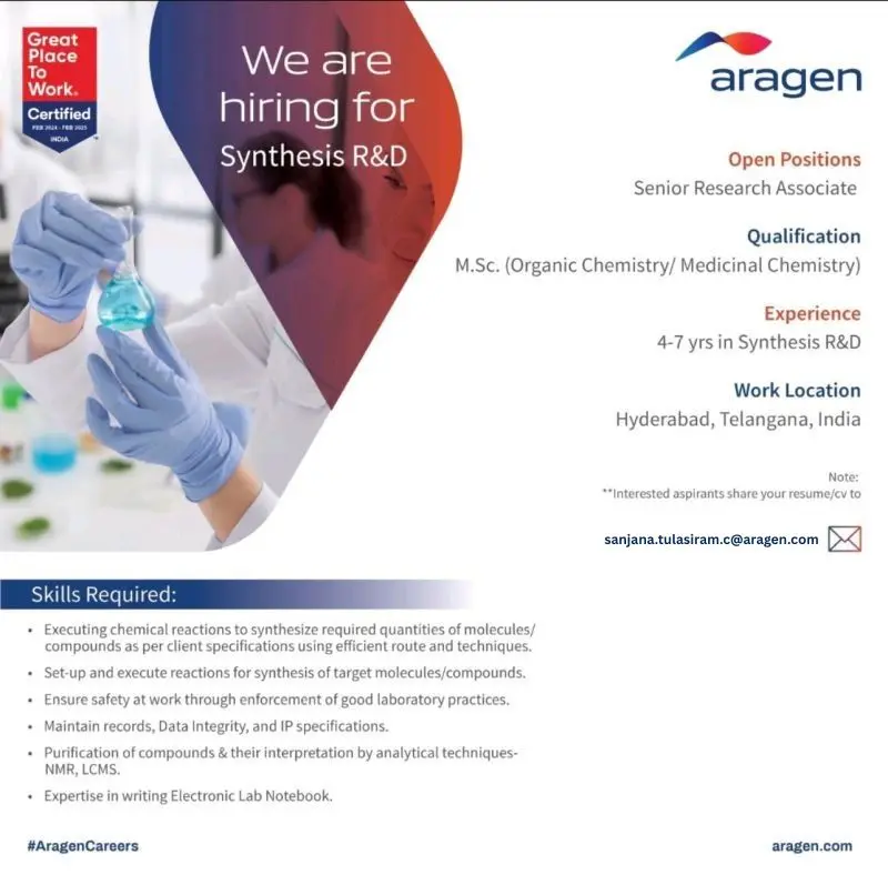 Aragen Hiring Senior Research Associate,Synthesis R&D