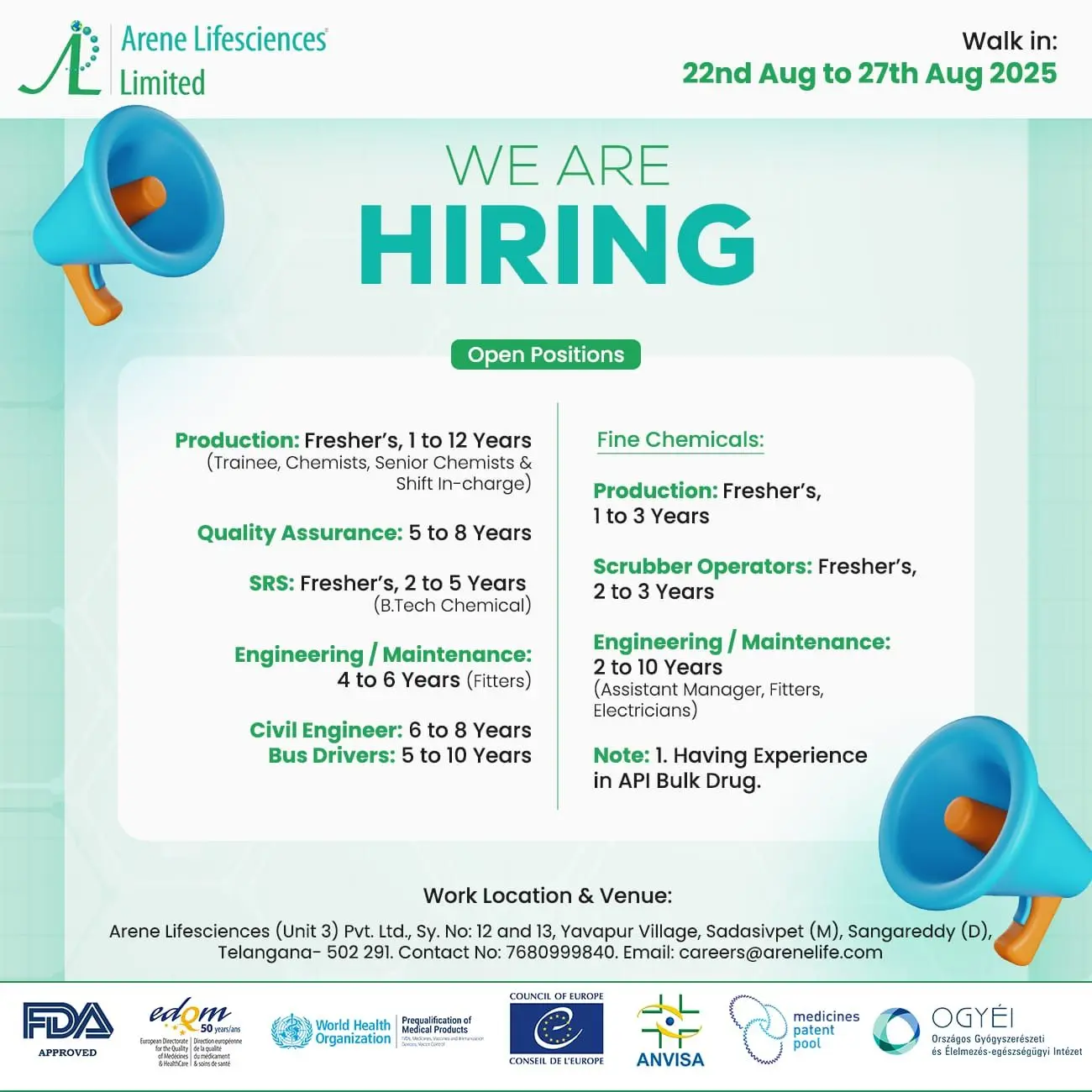 Arene Lifesciences Hiring Production, QA, SRS, Engineering, Civil, Drivers, Fine Chemicals