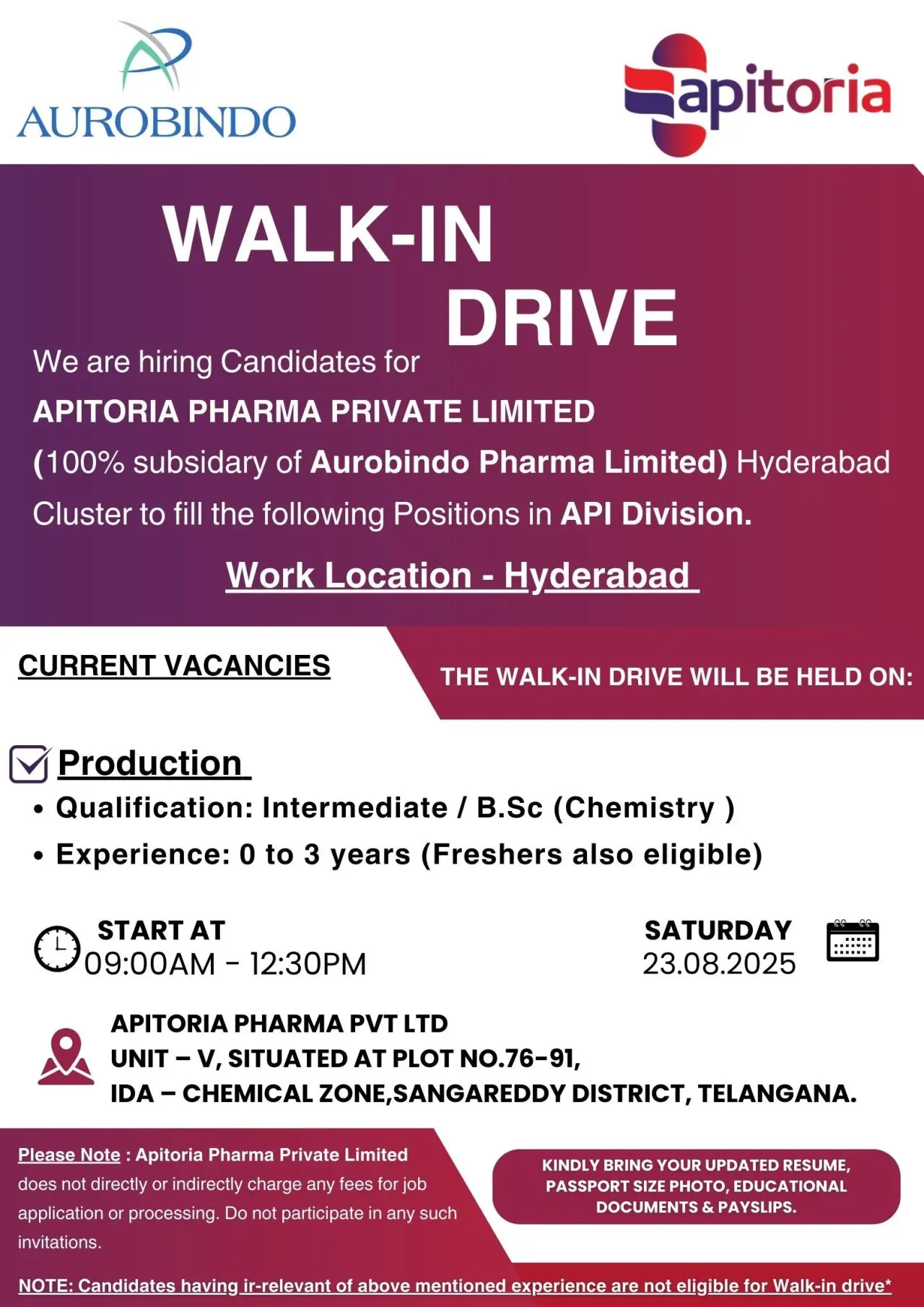Aurobindo Pharma walk-in Production – API Division