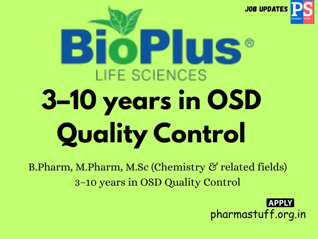 Bioplus Life Sciences hiring Chemist , Executive, Sr. Executive