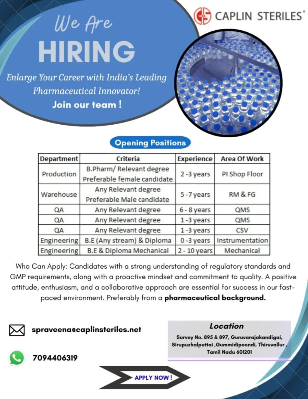 Caplin Steriles Hiring Production, QA, and Engineering