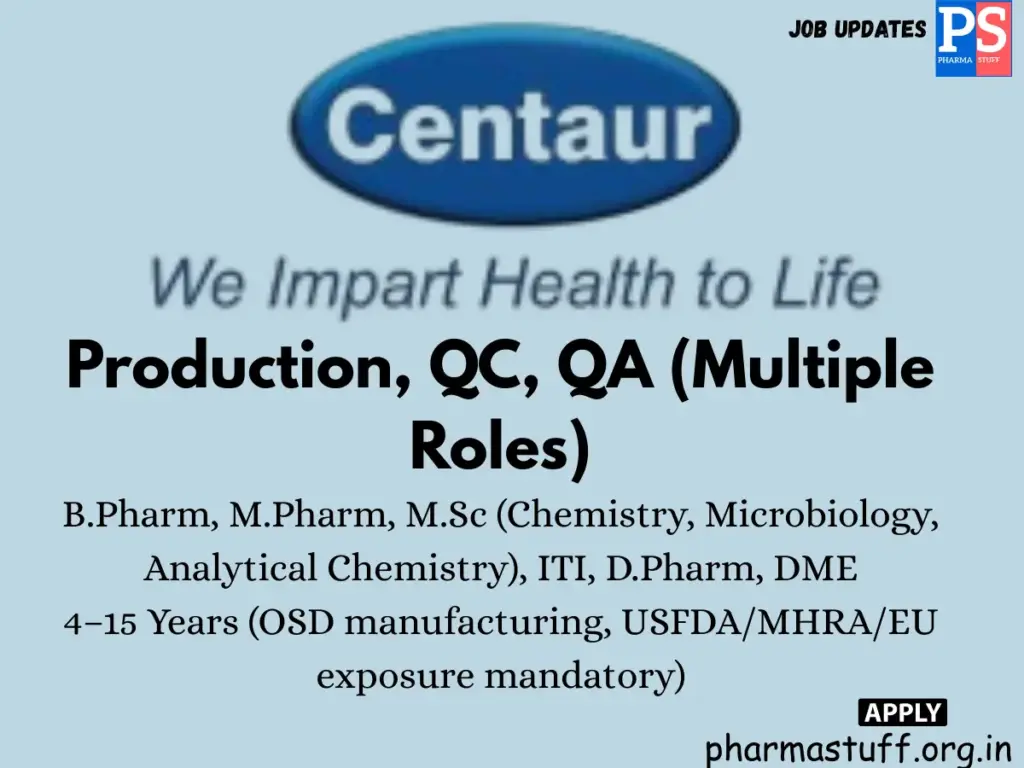 Centaur Pharmaceuticals walk-in Production, QC, QA