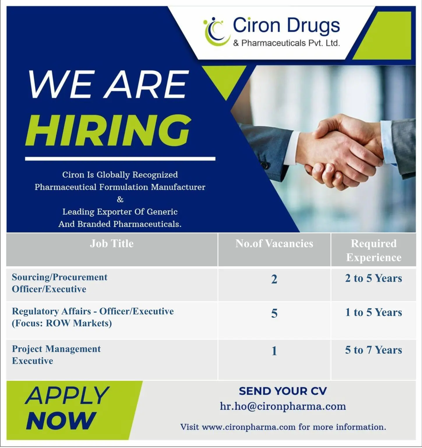 Ciron Drugs Pharmaceuticals Hiring Procurement, Regulatory Affairs (ROW)