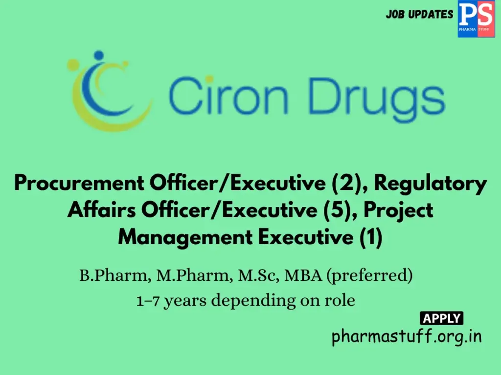 Ciron Drugs Pharmaceuticals Hiring Procurement, Regulatory Affairs (ROW)