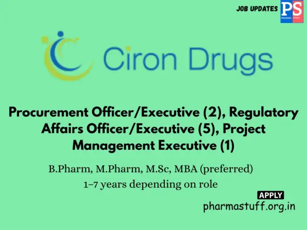 Ciron Drugs Pharmaceuticals Hiring Procurement, Regulatory Affairs (ROW)