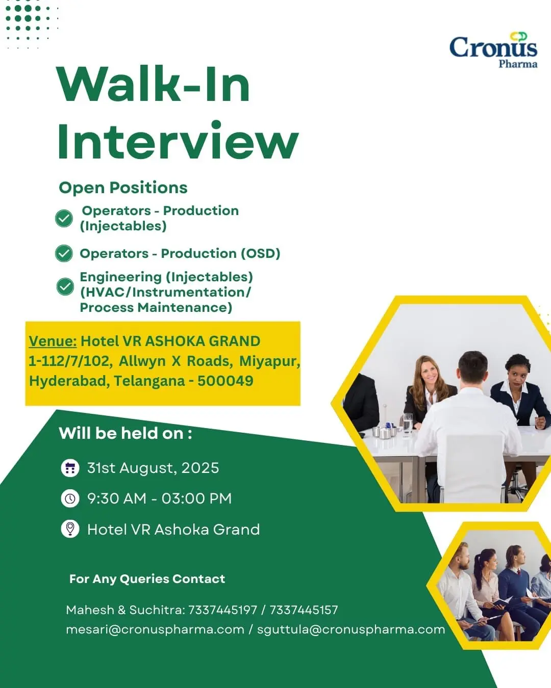 Cronus Pharma Walk-in Operators & Engineers (Injectables, OSD, Engineering)