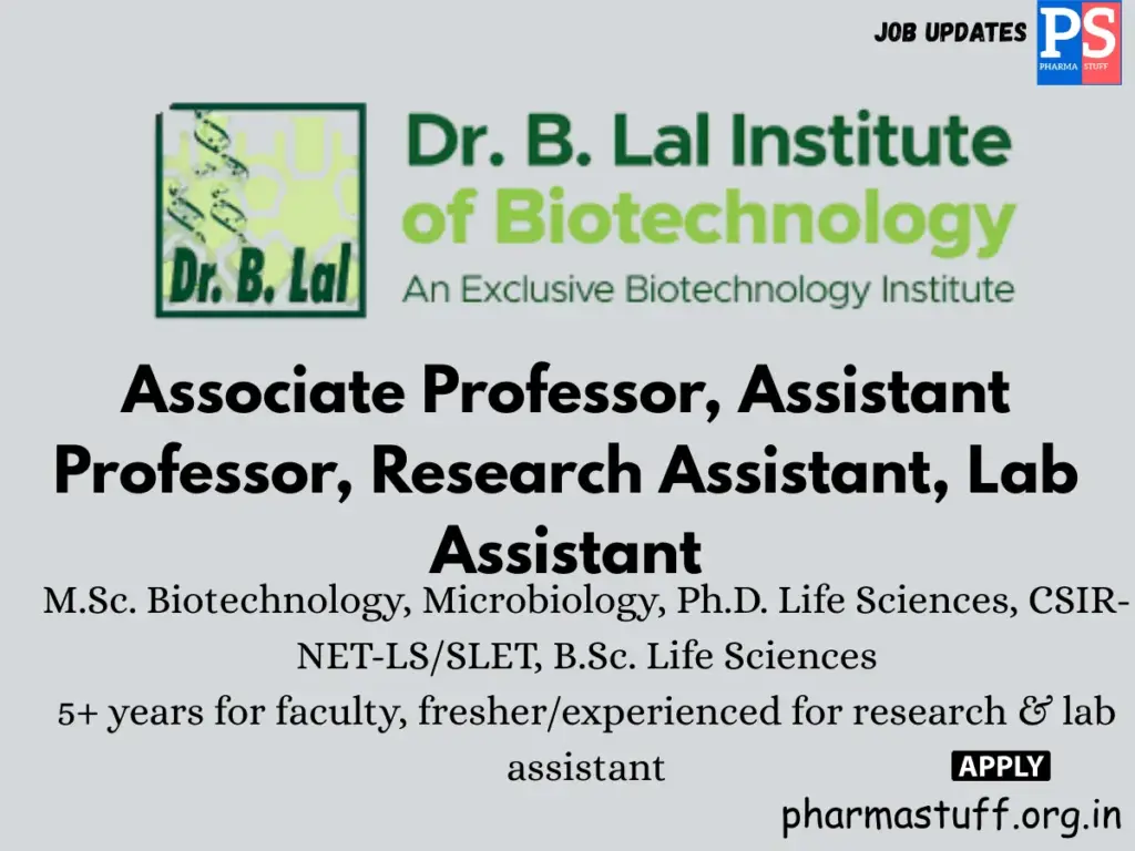 Dr. B. Lal Biotechnology Hiring Associate Professor, Assistant Professor, Research & Lab Assistant