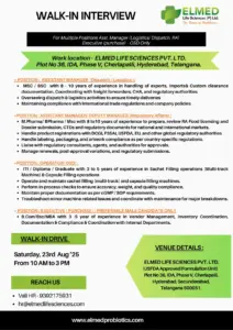 Elmed Life Sciences Walk-In Asst. Manager, Operator, Executive