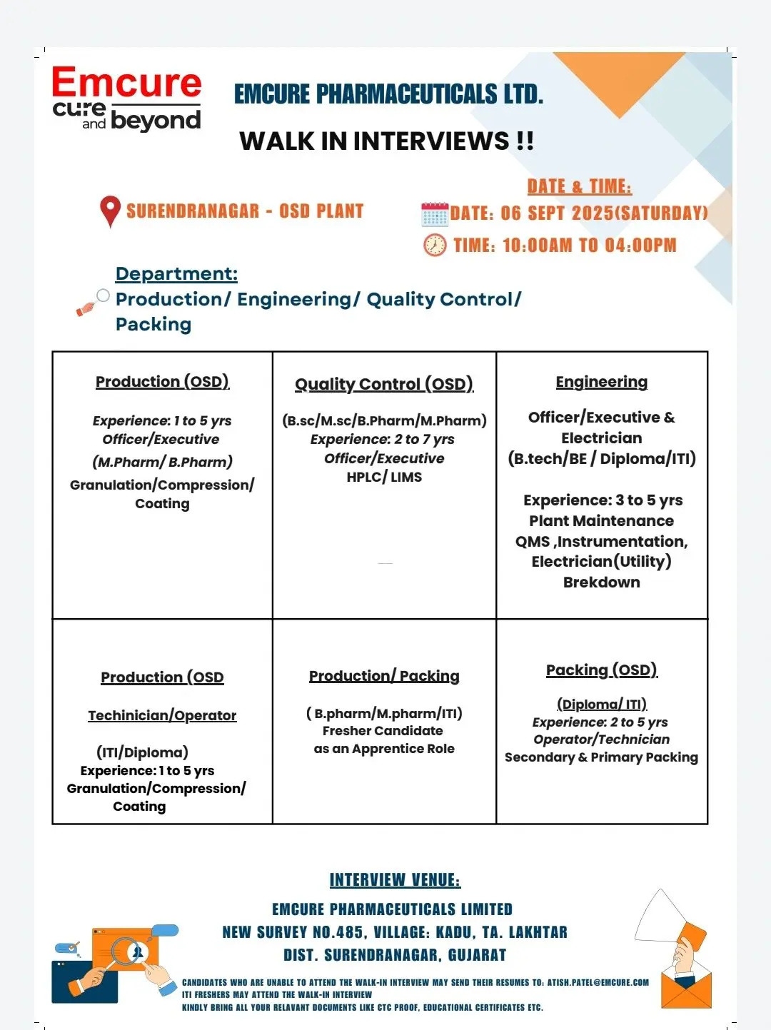 Emcure Pharma Walk-in Officers, Executives & Technicians in Production, QC, Packing & Engineering
