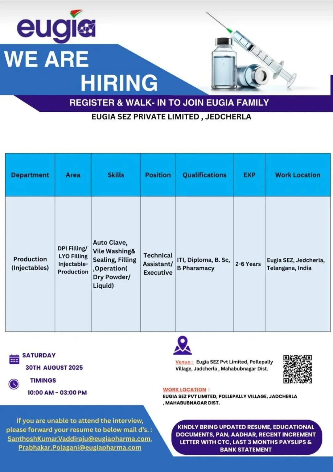 Eugia Pharma Hiring Officers, Executives & Assistants in Production, QC & Engineering