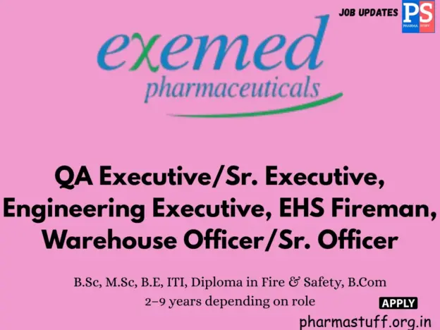Exemed Pharma hiring QA, Engineering, EHS & Warehouse professionals