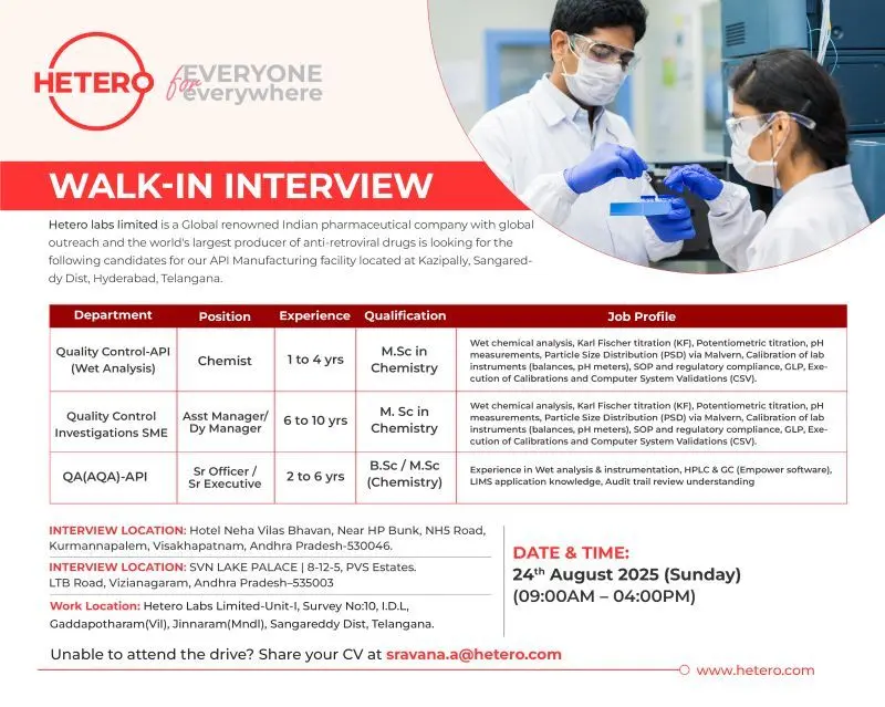 Hetero Labs Walk-in for QC & QA