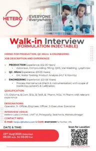 Hetero Walk-In Production, QC Micro, Engineering