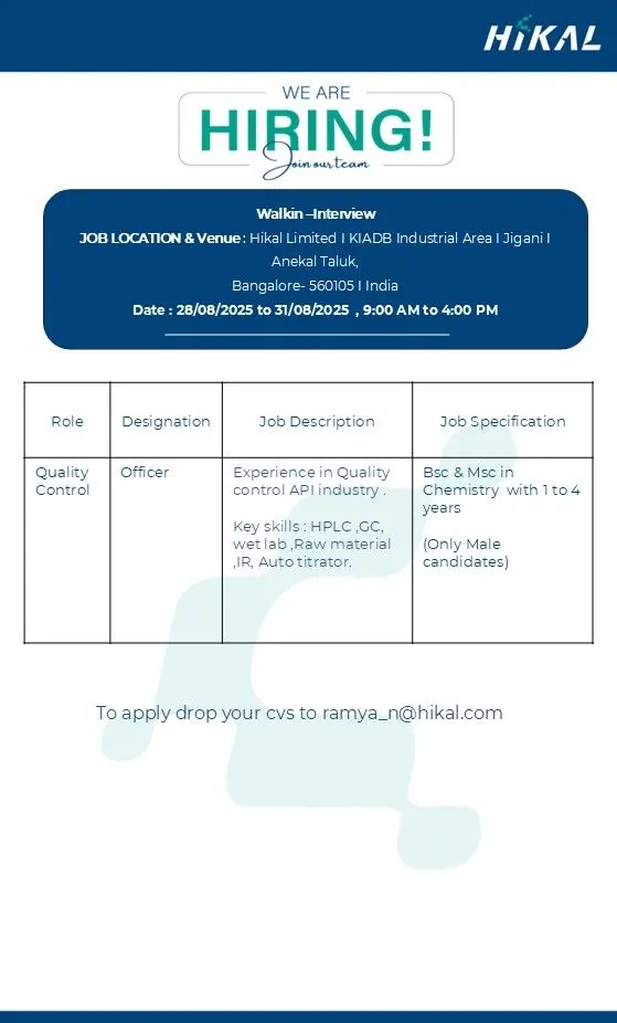 Hikal Walk-in Quality Control Officer