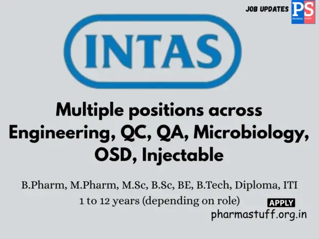 Intas Pharma Walk-in 50+ vacancies across Engineering, QC, QA, Microbiology, OSD & Injectable.