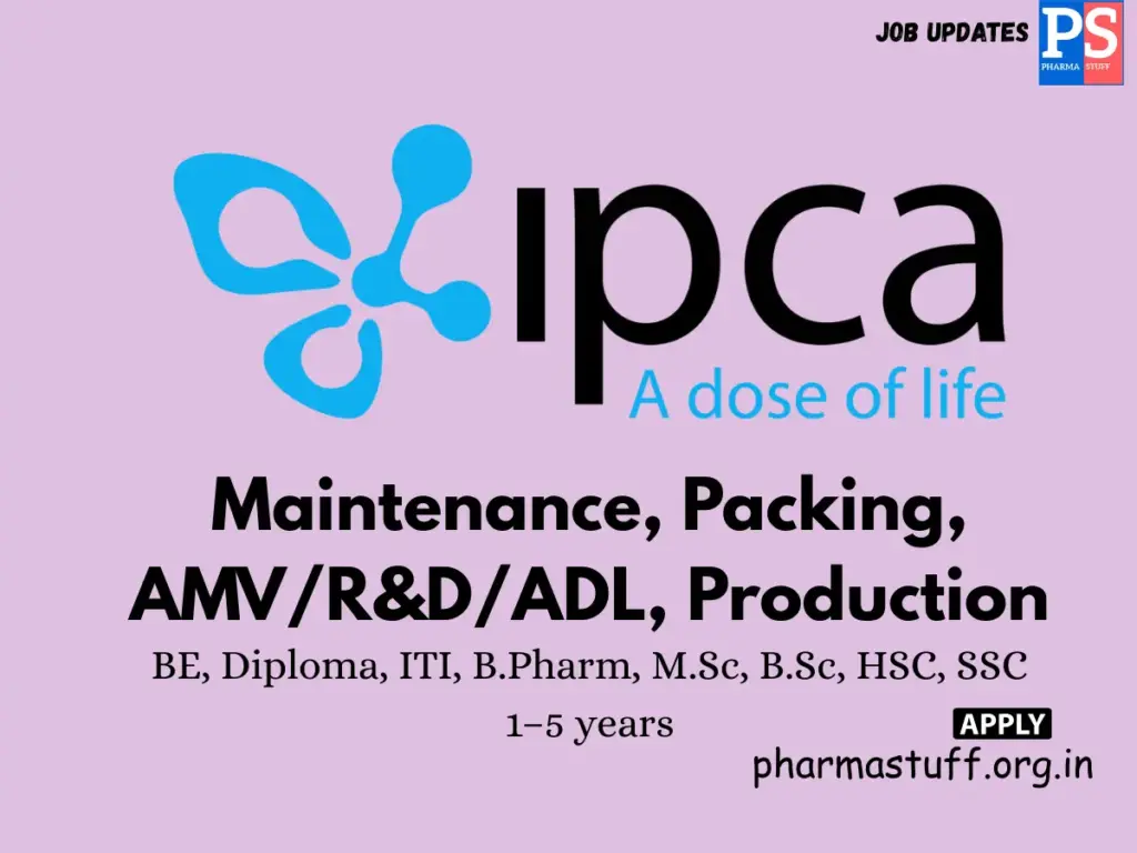 Ipca Laboratories walk-in Maintenance, Packing, AMV/R&D/ADL, and Production.