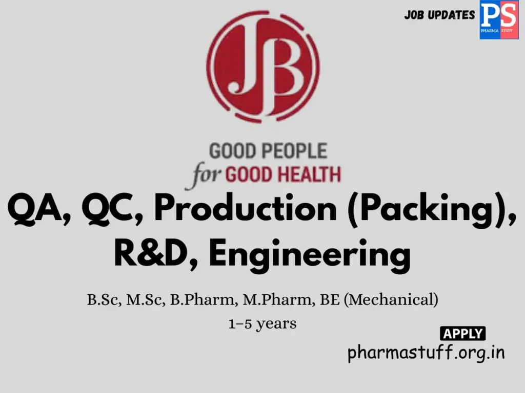 JB Pharma hiring Officers/Executives in QA, QC, Production, R&D & Engineering