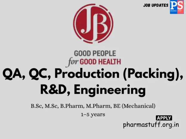 JB Pharma hiring Officers/Executives in QA, QC, Production, R&D & Engineering