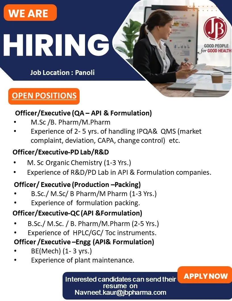 JB Pharma hiring Officers/Executives in QA, QC, Production, R&D & Engineering