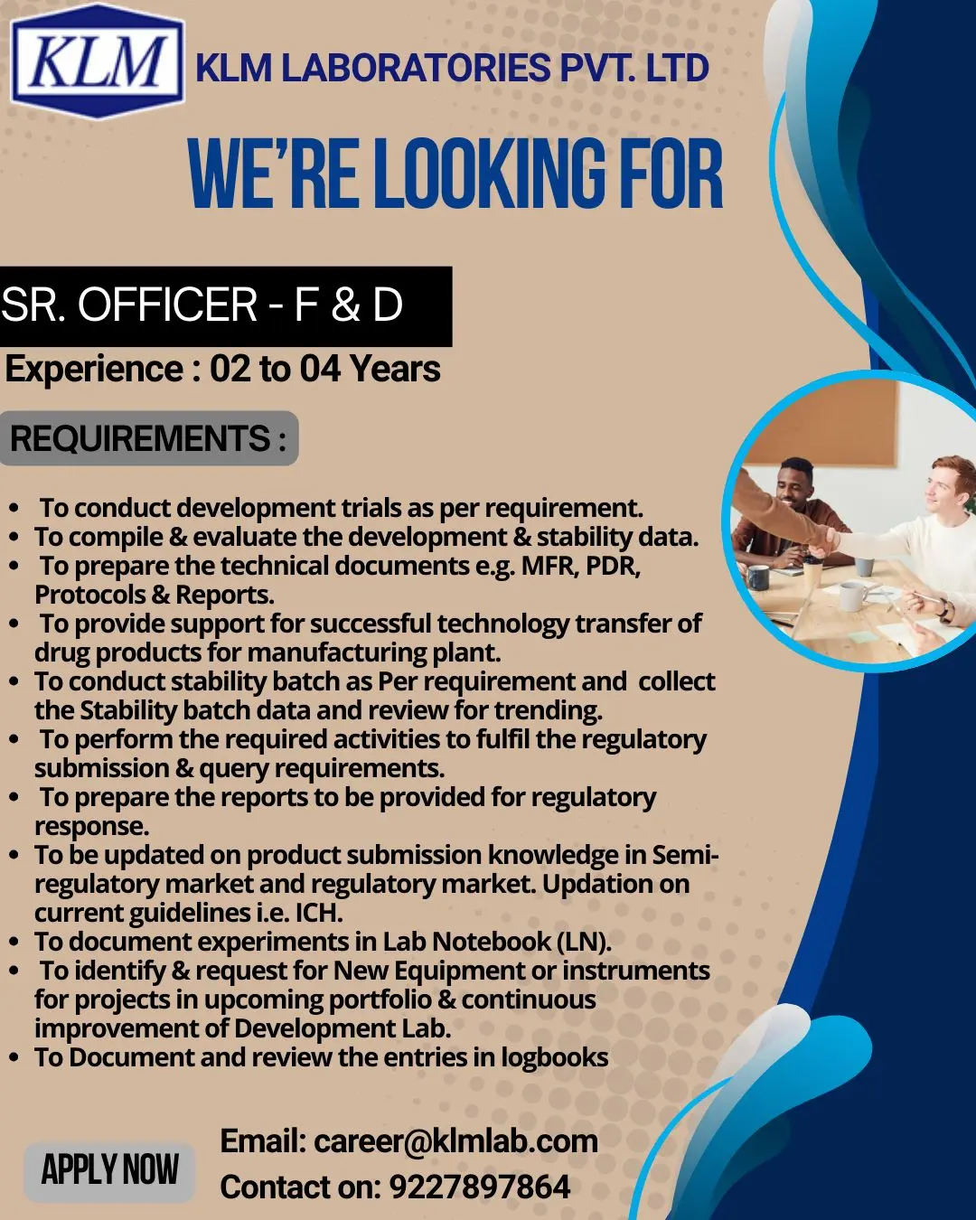 KLM Laboratories Hiring Sr. Officer – Formulation & Development (F&D)