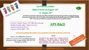 Lee Pharma walk-in Trainee, RA, SRA & Junior Manager in API R&D
