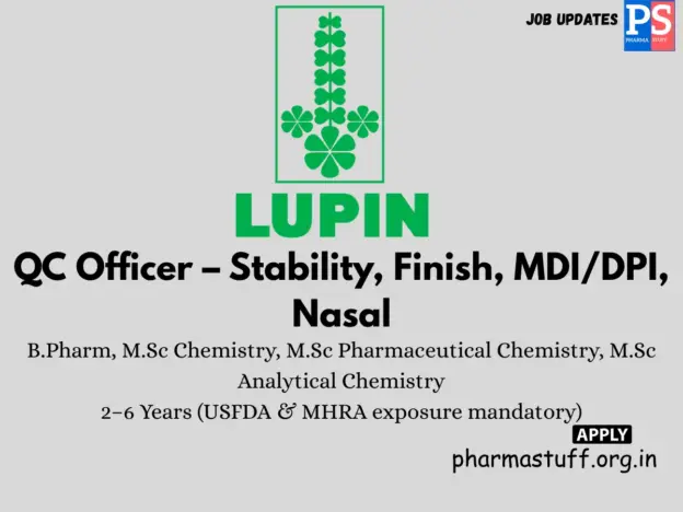 Lupin Hiring QC Officer – Stability, Finish, MDI/DPI, Nasal
