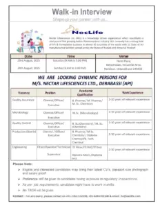 Nectar Lifesciences walk-in QA, QC, Microbiology, Production (Sterile), Engineering