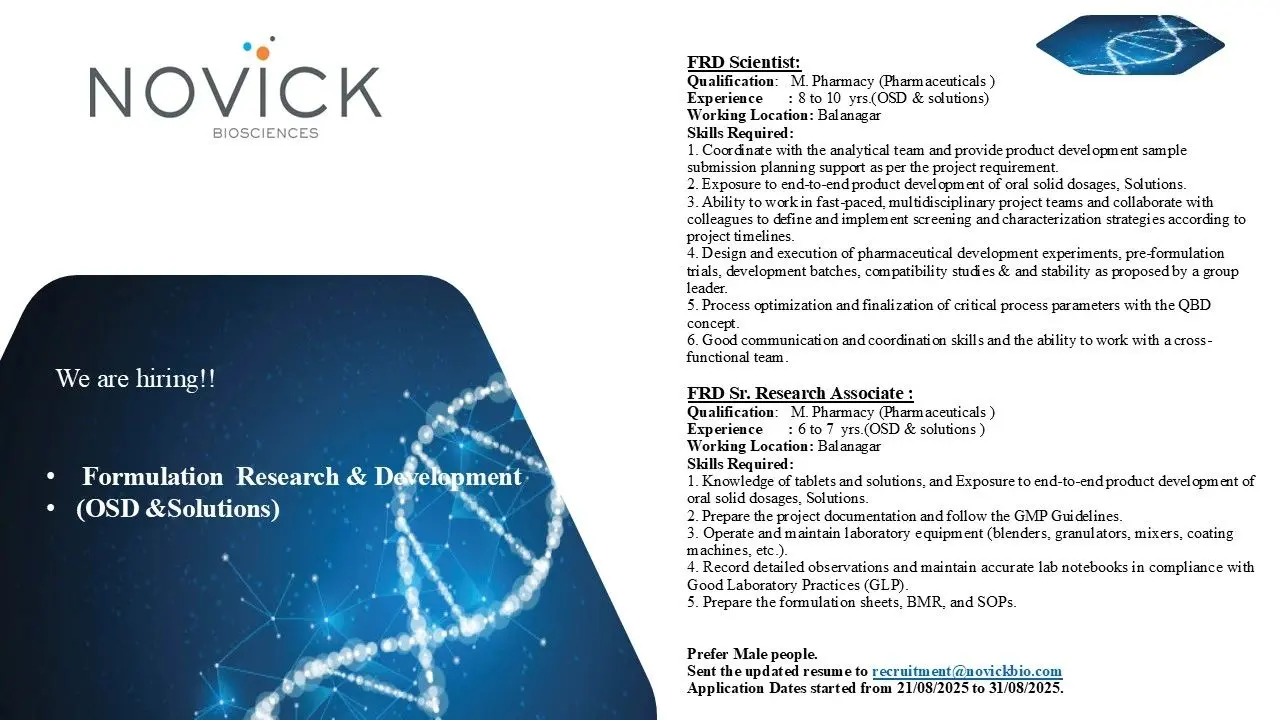 Novich Biosciences Hiring FRD Scientist, FRD Sr. Research Associate
