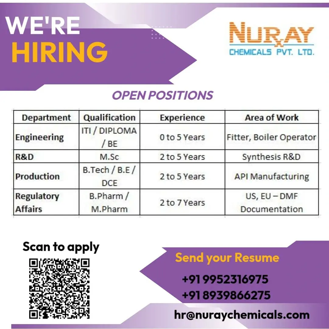 Nuray Chemicals hiring across Engineering, R&D, Production & Regulatory Affairs