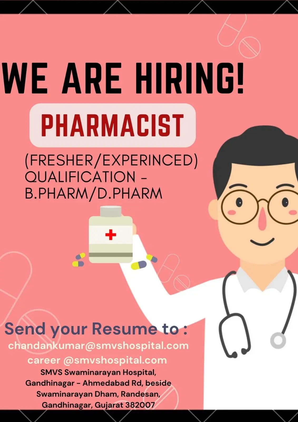 SMVS Swaminarayan Hospital Hiring Pharmacist