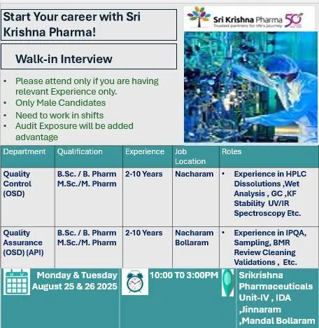 Sri Krishna Pharma Walk-in for Production, QA, QC, and Warehouse