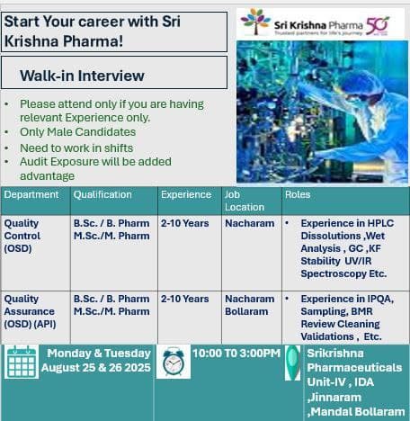 Sri Krishna Pharma Walk-in for Production, QA, QC, and Warehouse
