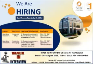 Sun Pharma Walk-in Operators/Technicians in Production & Packaging.