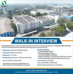 Swiss Parenterals Walk-in Executive,Production QMS (Injectables)