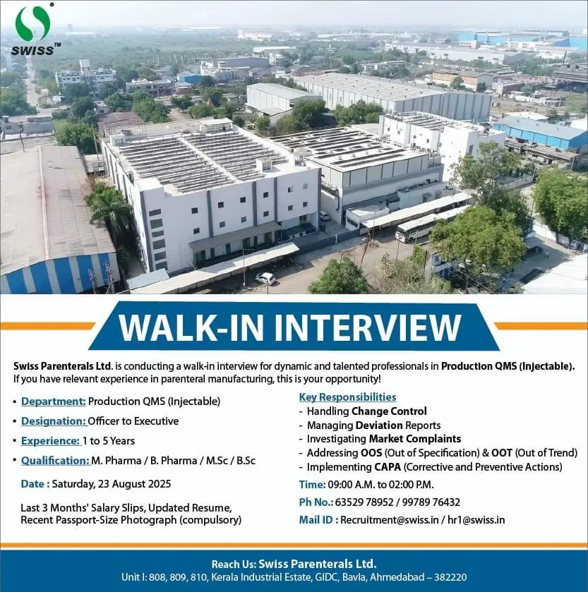 Swiss Parenterals Walk-In Officer/Executive QA Production QMS