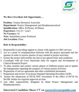 Synergen Bio Hiring 3 Trainee Research Associate