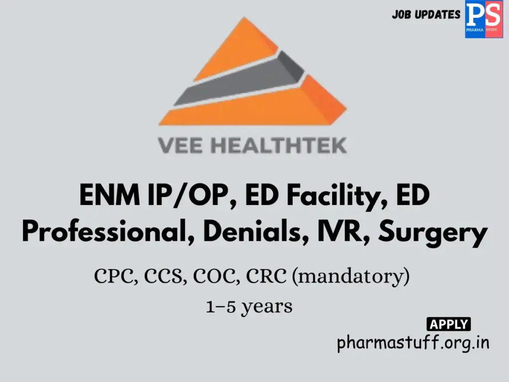 VEE Healthtek Hiring ENM IP/OP, ED Facility, ED Professional, Denials, IVR, Surgery