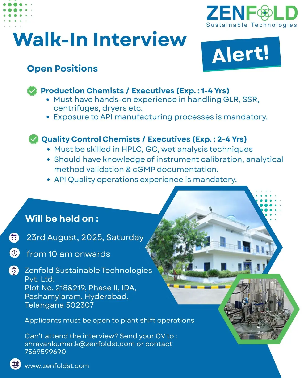 Zenfold Sustainable Technologies Walk-in Production & QC Chemists/Executives