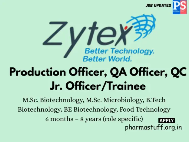 Zytex Biotech hiring Production, QA, and QC Officers