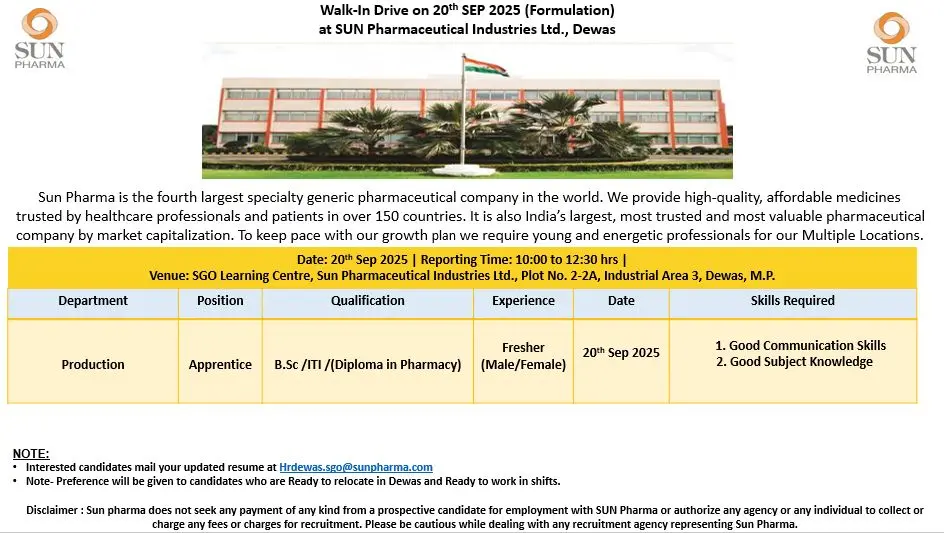 Sun Pharma Walk-in Apprentice Vacancies | BSc, ITI, D.Pharm Dewas