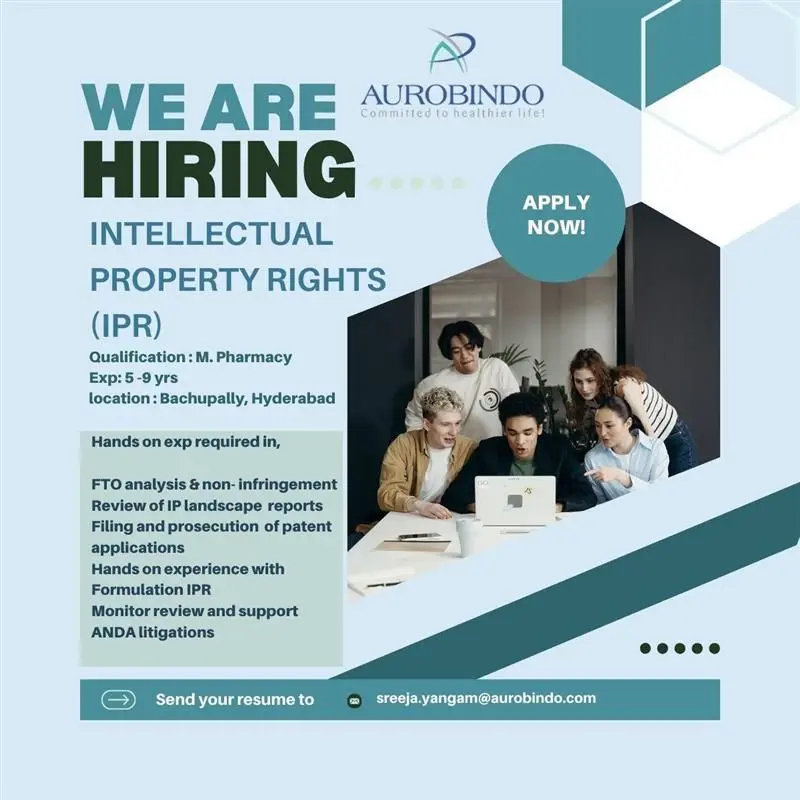Aurobindo Pharma is hiring IPR professionals with 5–9 years of experience in Formulation IPR at Bachupally, Hyderabad. Apply now.