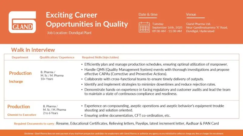 Walk-in Drive – Gland Pharma Quality & Production Roles – Hyderabad