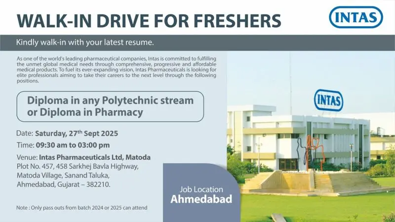 Intas Diploma Freshers Walk-in Drive 2025