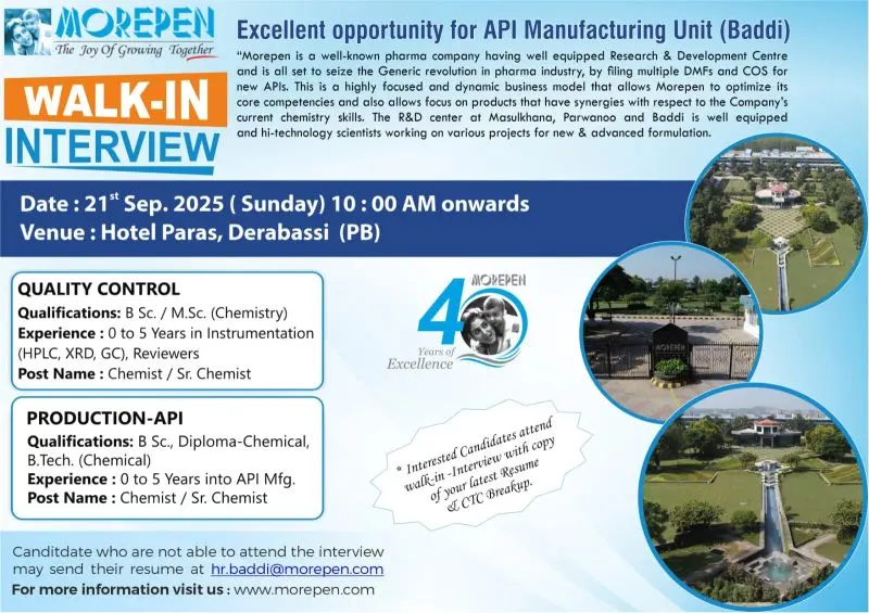 Morepen Walk-In Interview – QC & API Production Chemists,